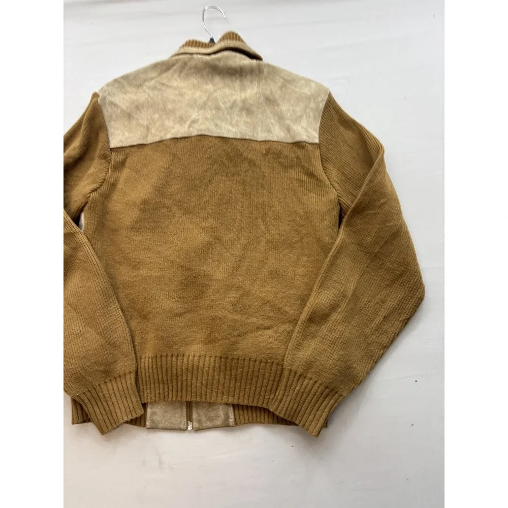 Vintage Old Spice Mens Beige Suede Leather Brown Knit Bomber Jacket Size L